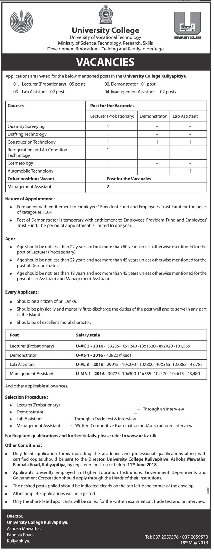 Management Assistant, Lab Assistant, Demonstrator, Lecturer - University College, Kuliyapitiya - University of Vocational Technology